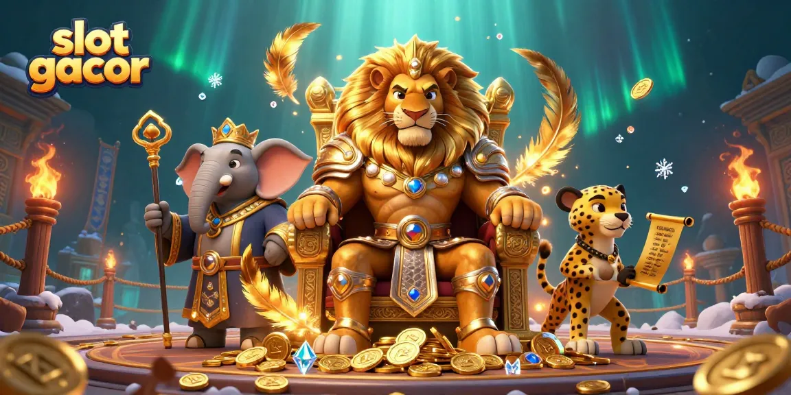 Bermain slot gacor dengan singa raja dan gajah bijak dalam ilustrasi 3D yang megah.