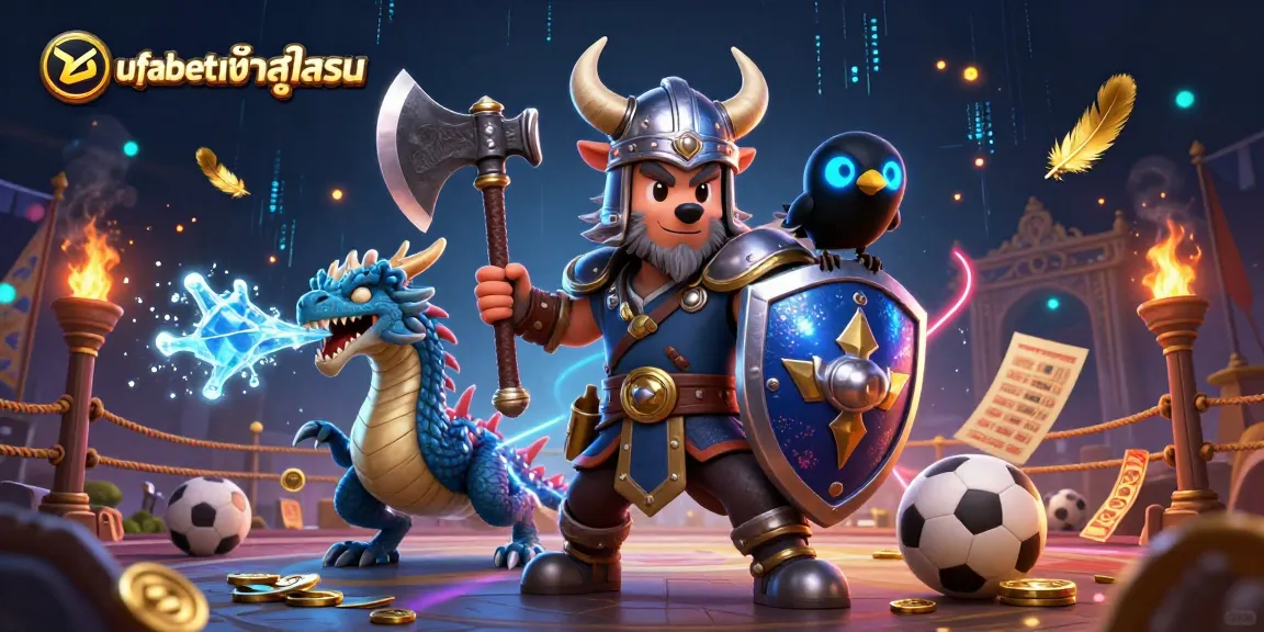 Experience ufabetเข้าสู่ระบบ with the Viking wolf warrior, dragon, and raven in an action-packed sports betting scene.