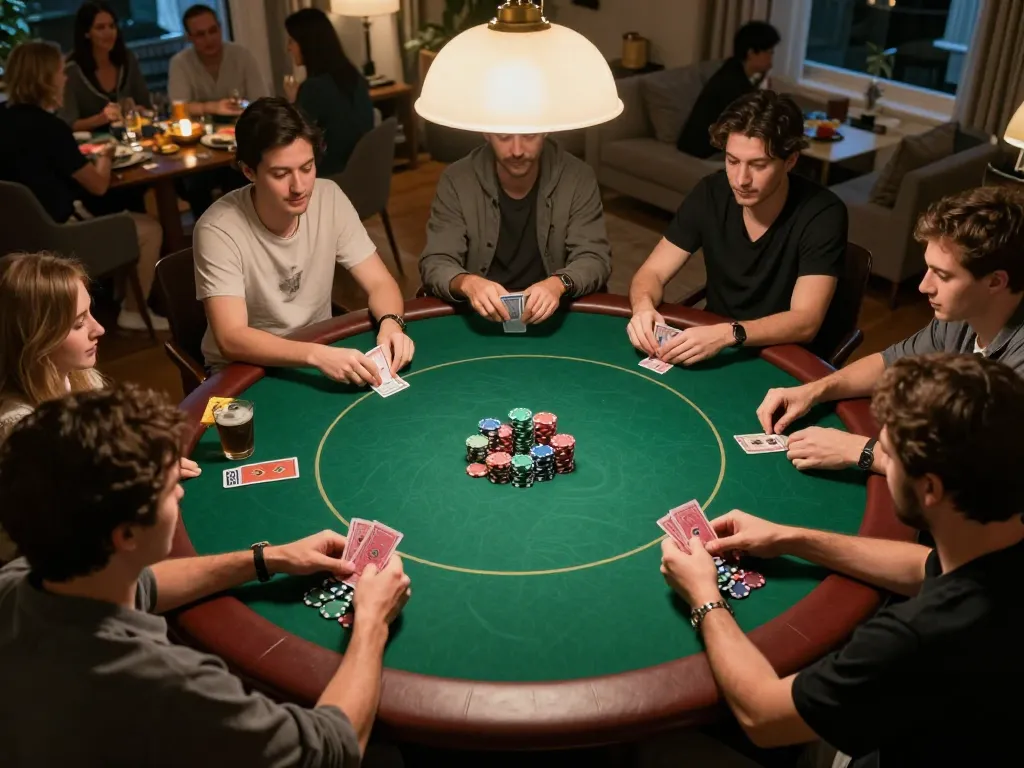 Players engage at a social poker game night with 888NEW, showcasing chips and cards in a cozy atmosphere.