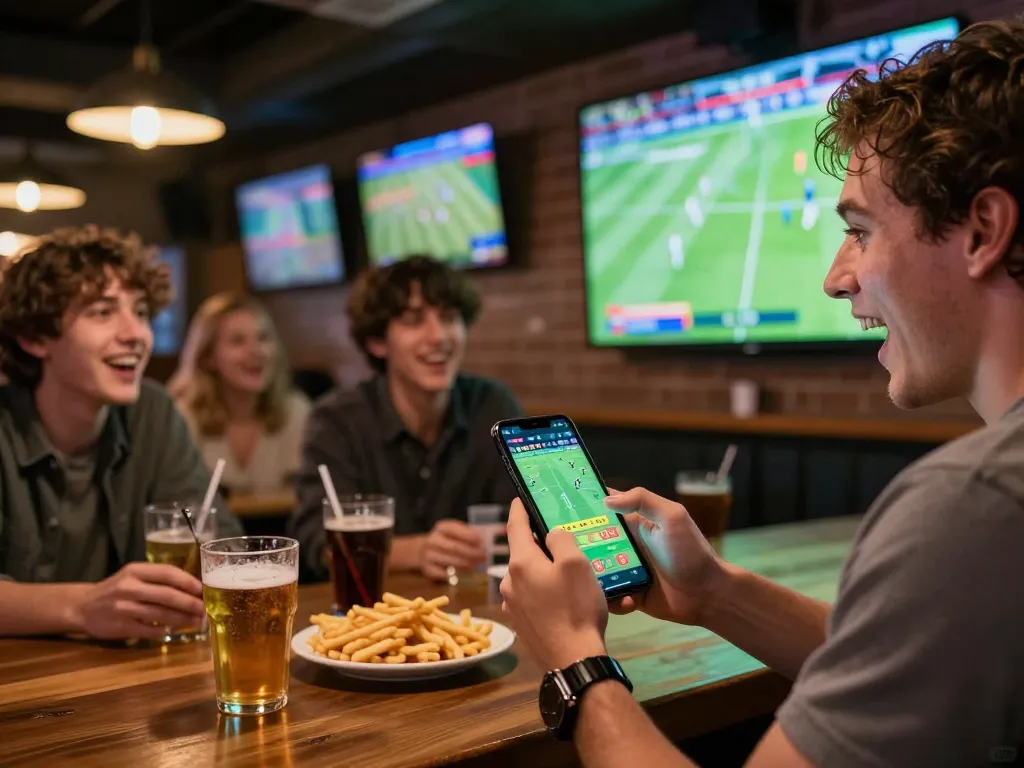 Action-packed cakhia tv scene with a person placing live sports bets on their smartphone in a lively sports bar environment.
