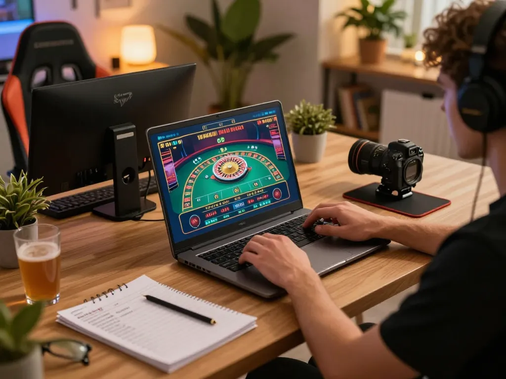 Engaging in live dealer game on laptop showcasing dh88 casino graphics, emphasizing online gaming experience