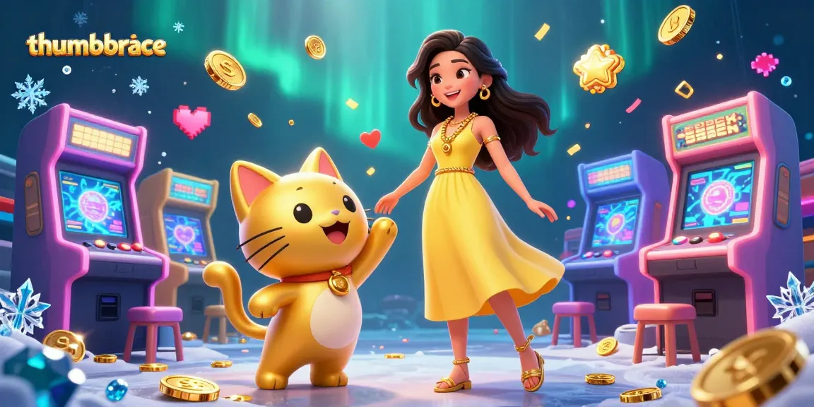 Play and win with thumbbrace as a cheerful Asian woman enjoys a lucky cat amidst gaming excitement.