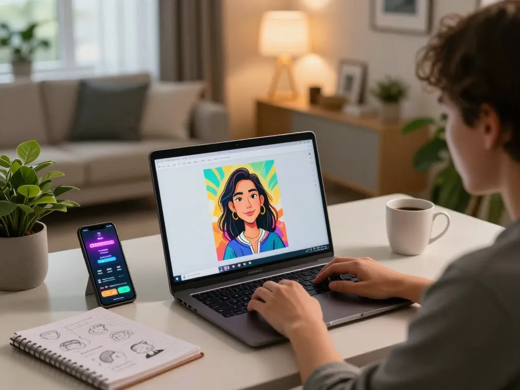 Generating a Chatgpt caricature image on a laptop in a cozy home gaming setup.