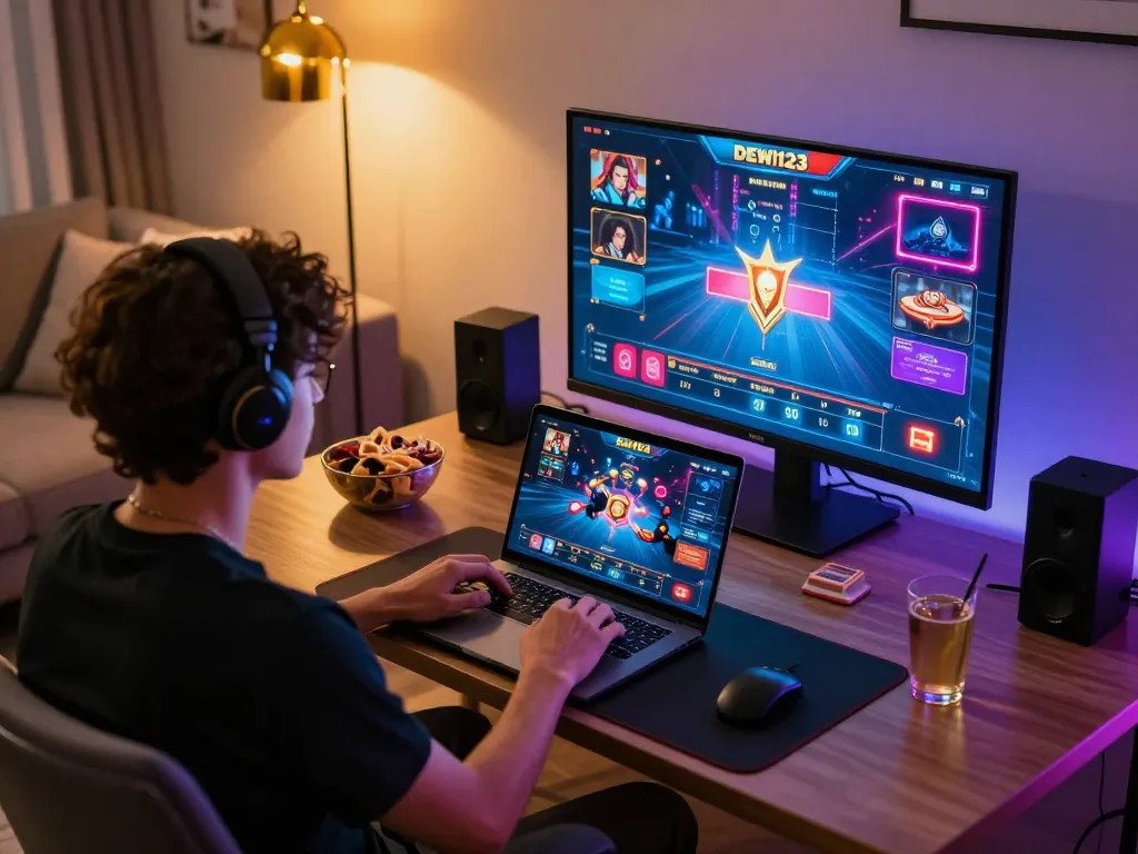 Pemain menggunakan platform DEWI123 di laptop untuk pengalaman kasino online yang mendalam