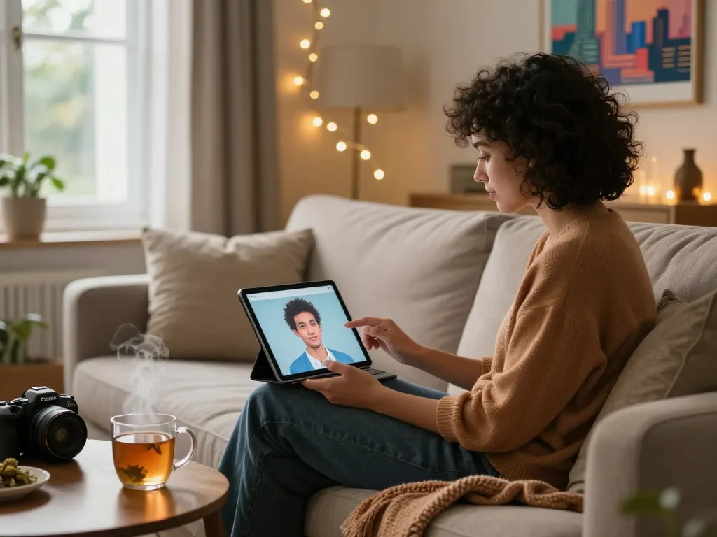 Engaging sex chat ai experience in a cozy living room with an AI companion on a tablet.