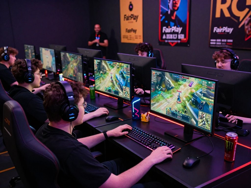 Players competing in a FairPlay gaming tournament with high-tech setups and vibrant atmospheres