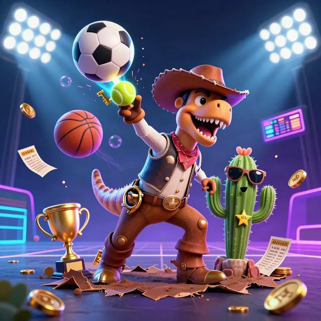 Cowboy T-Rex, cactus and roadrunner amid flying sports balls, gold coins and neon casino lights.