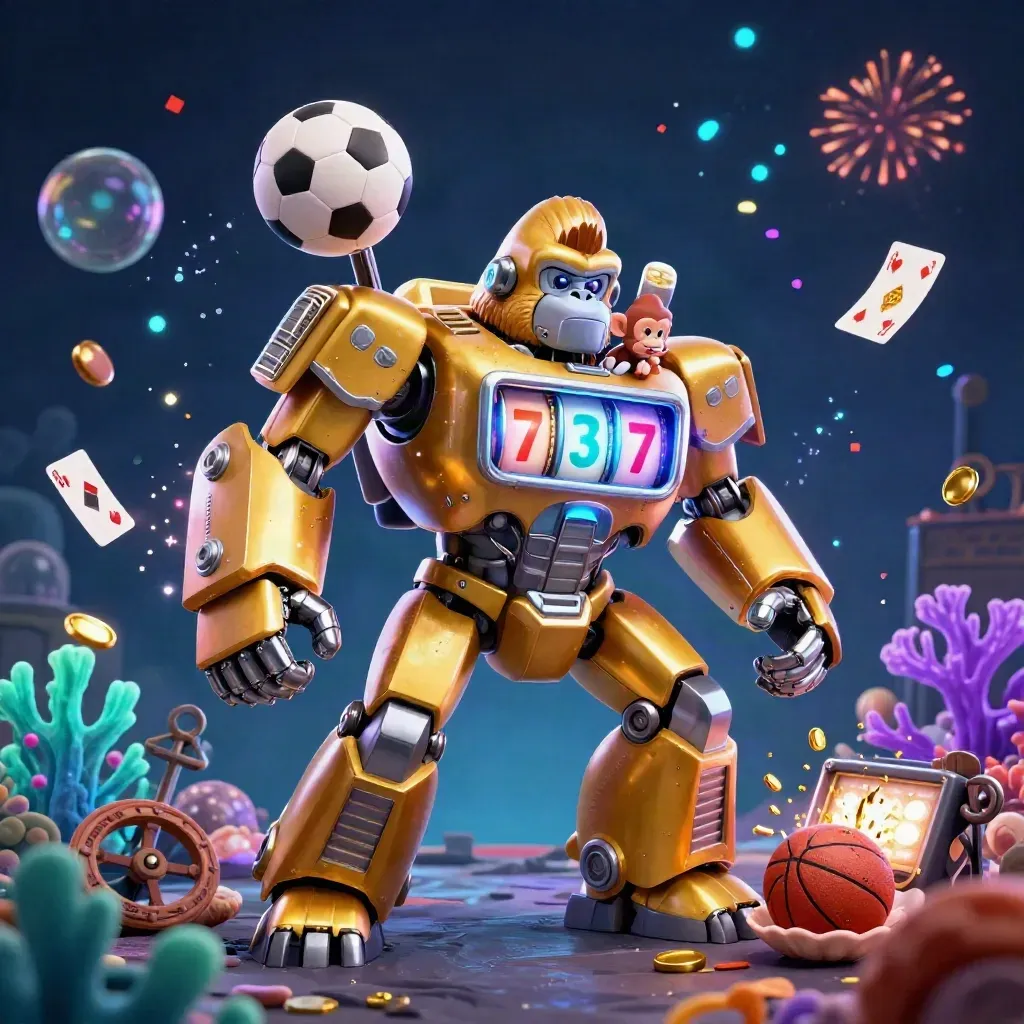Golden gorilla slot-mech with monkey pilot amid coins, coral, balls, and neon casino energy.