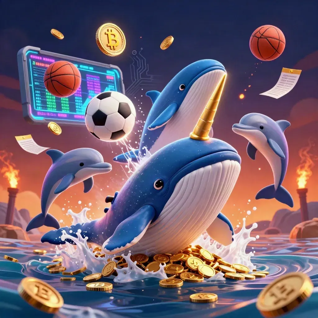 Whale captain, narwhal, and dolphins burst through coins with sports balls and crypto lights.