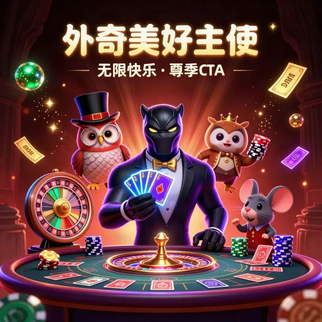 Panther, owl, and mouse in tuxedo amid glowing casino magic, roulette, chips, and ember light.