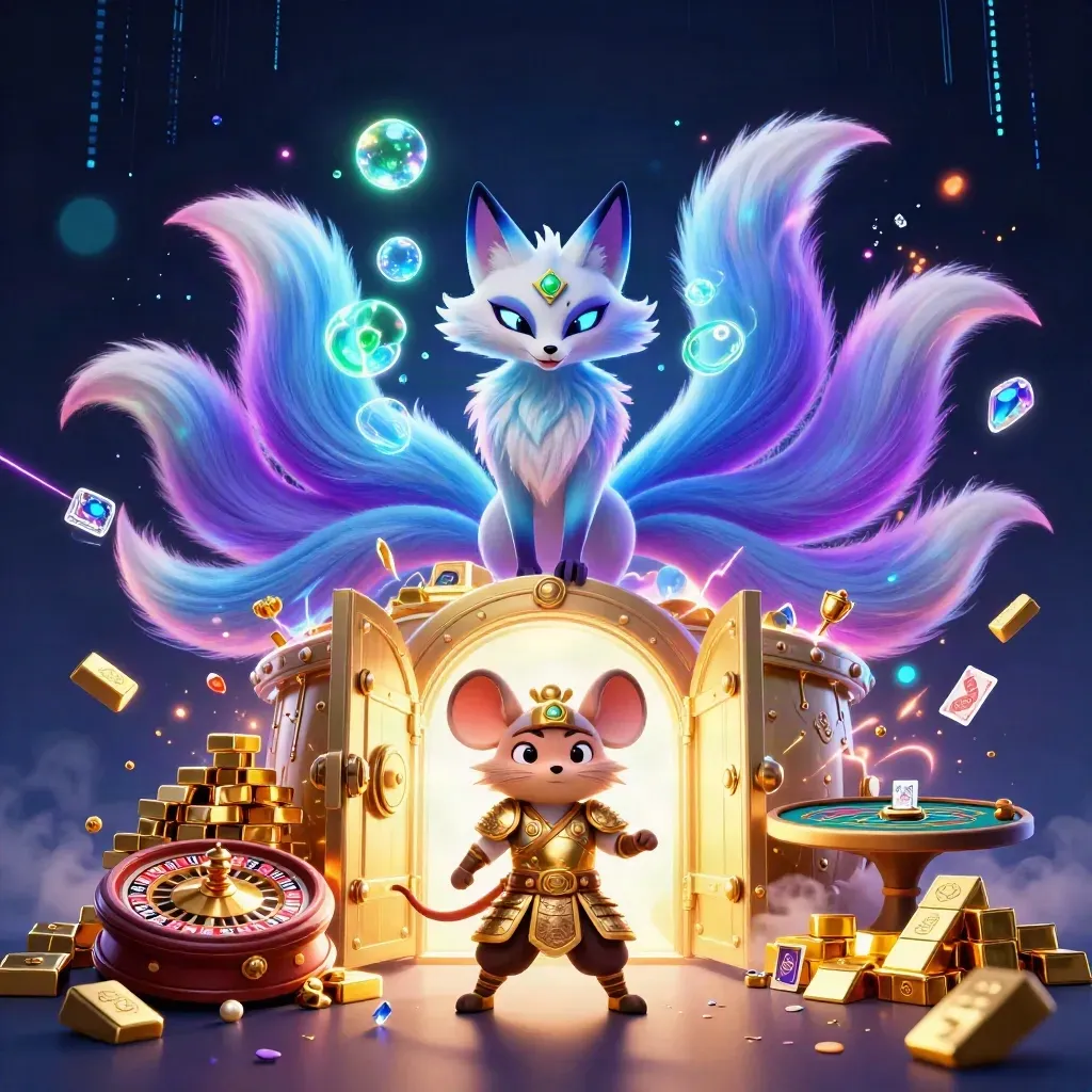 Nine-tailed fox spirit and armored mouse erupting from a glowing vault amid casino treasure