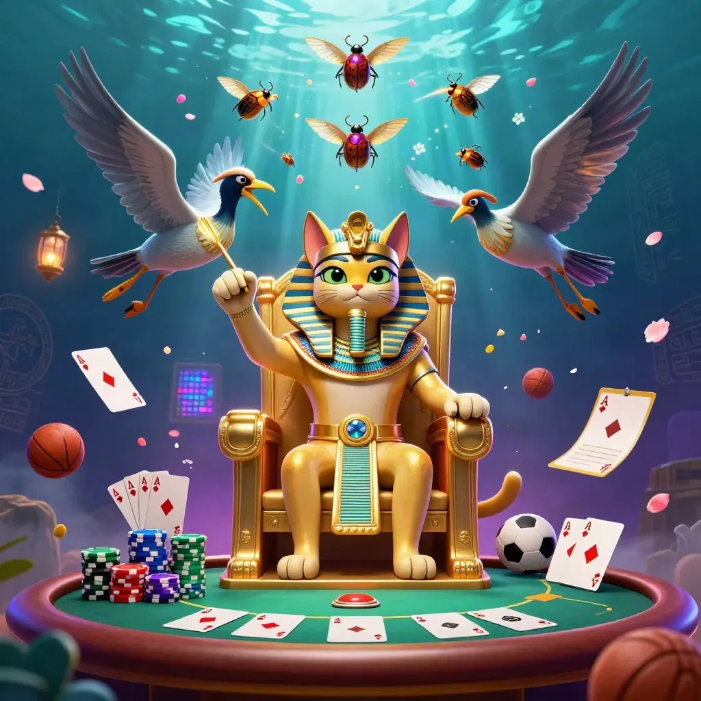 Golden pharaoh cat, ibis scribe and gem scarabs amid casino props and cosmic teal light.
