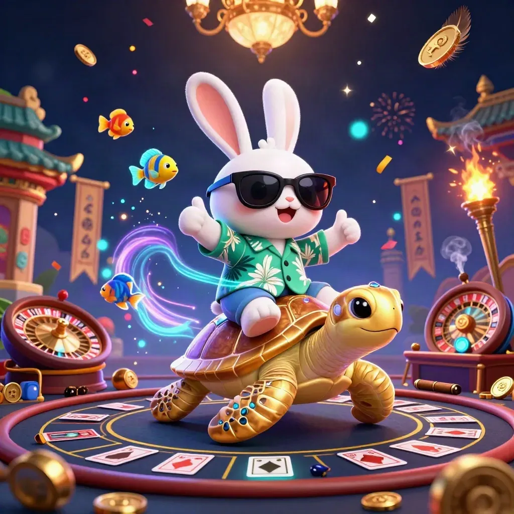 Lucky rabbit rides a gem-shell turtle in a glowing casino temple with roulette and confetti.