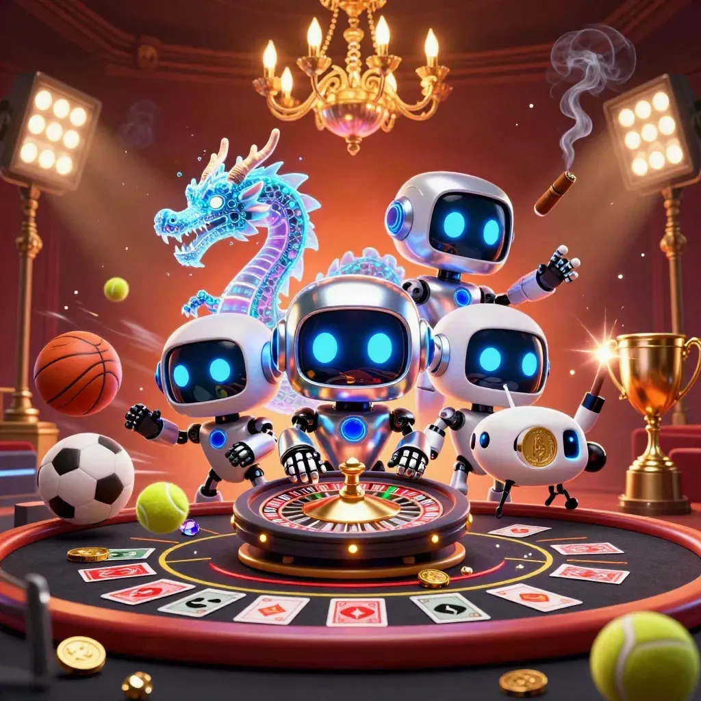 Cyberpunk robot, holographic dragon and drone in a luxe glowing cardroom with casino props.
