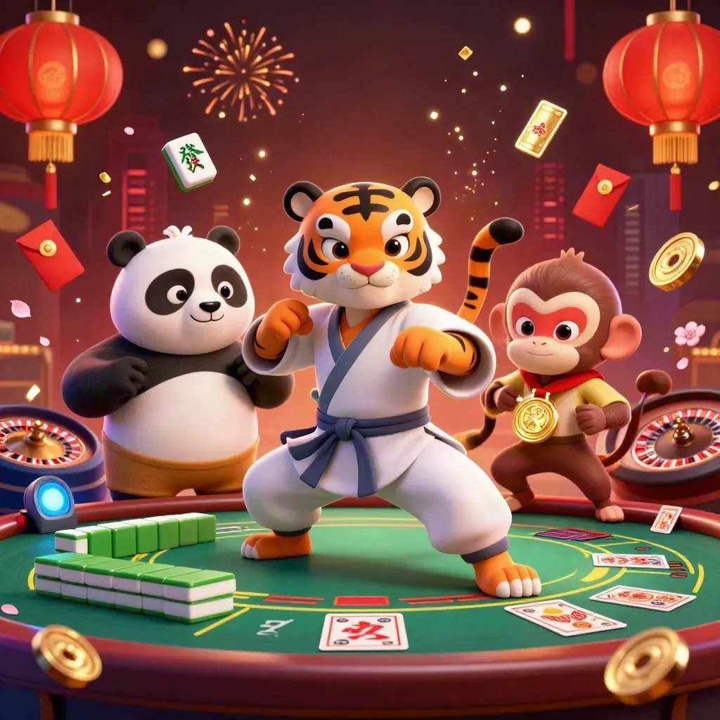 Kung-fu tiger, panda, and monkey in a neon casino with lanterns, jade coins, and a spinning roulette wheel.