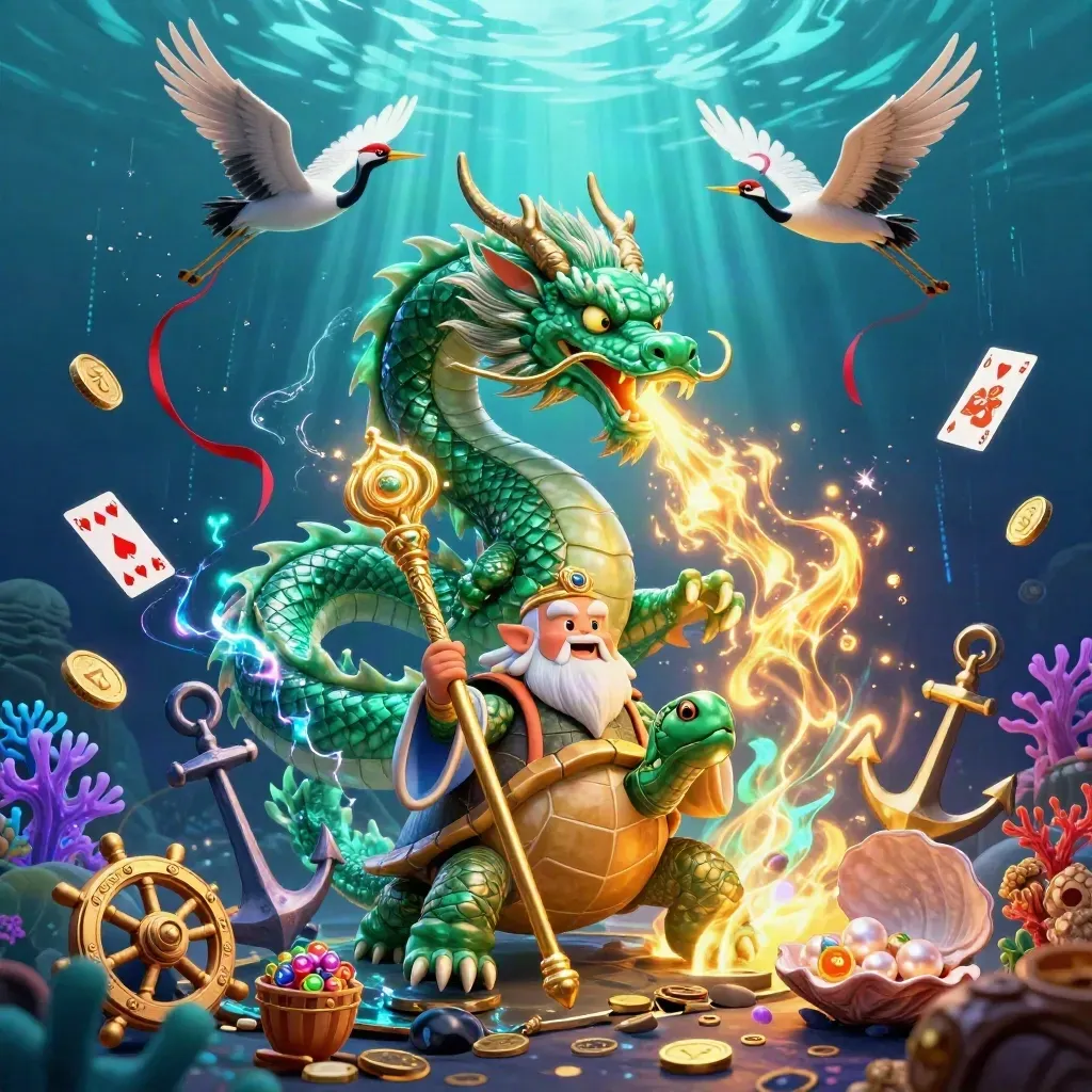 Emerald dragon, turtle sage and cranes amid underwater treasure, fire, coins and neon glow.