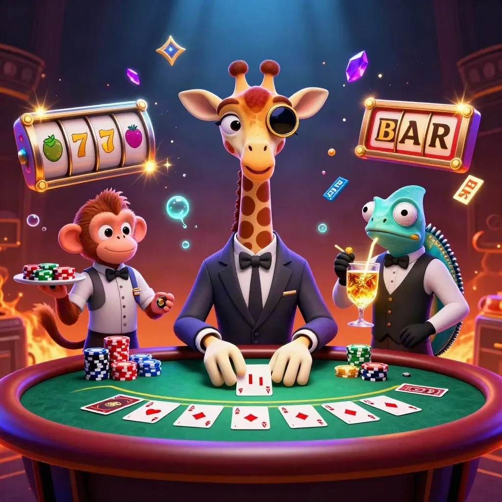 Giraffe, monkey, and chameleon at a glowing VIP poker table with chips, cards, and casino effects.