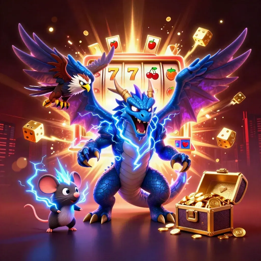 Thunder dragon, wind hawk, and static mouse amid exploding slots, gold, and neon lights