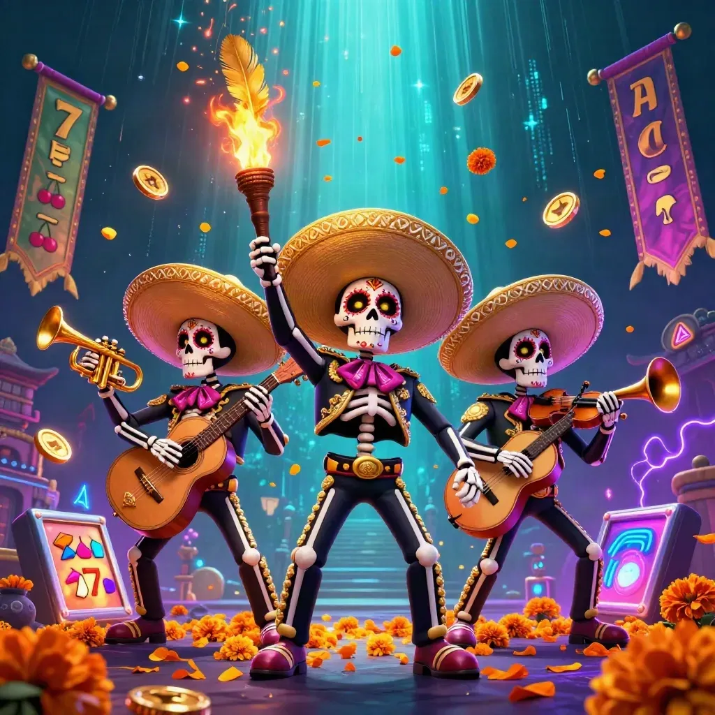 Skeleton mariachi trio underwater amid coins, temple gate, neon bolts, and casino symbols.