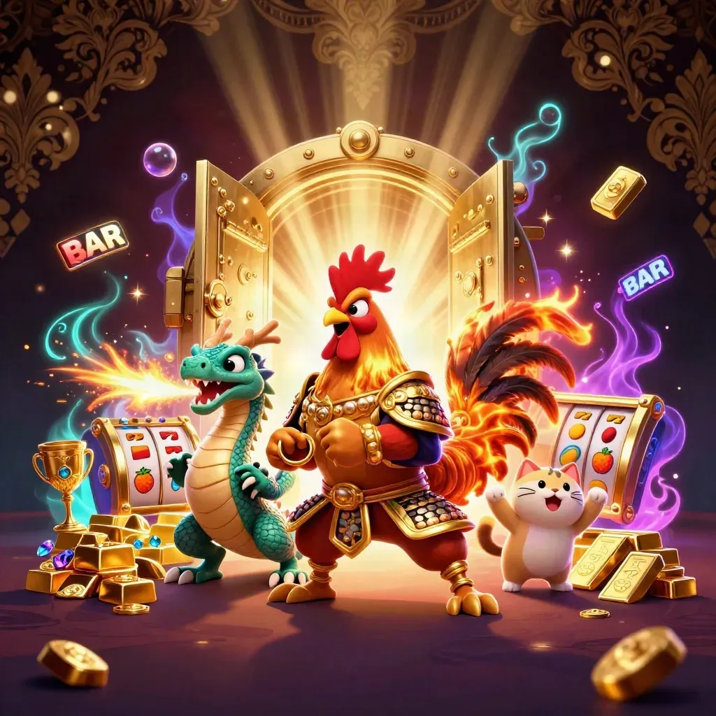 Rooster warrior, dragon hatchling, and fortune-cat amid treasure, gems, and neon casino magic.