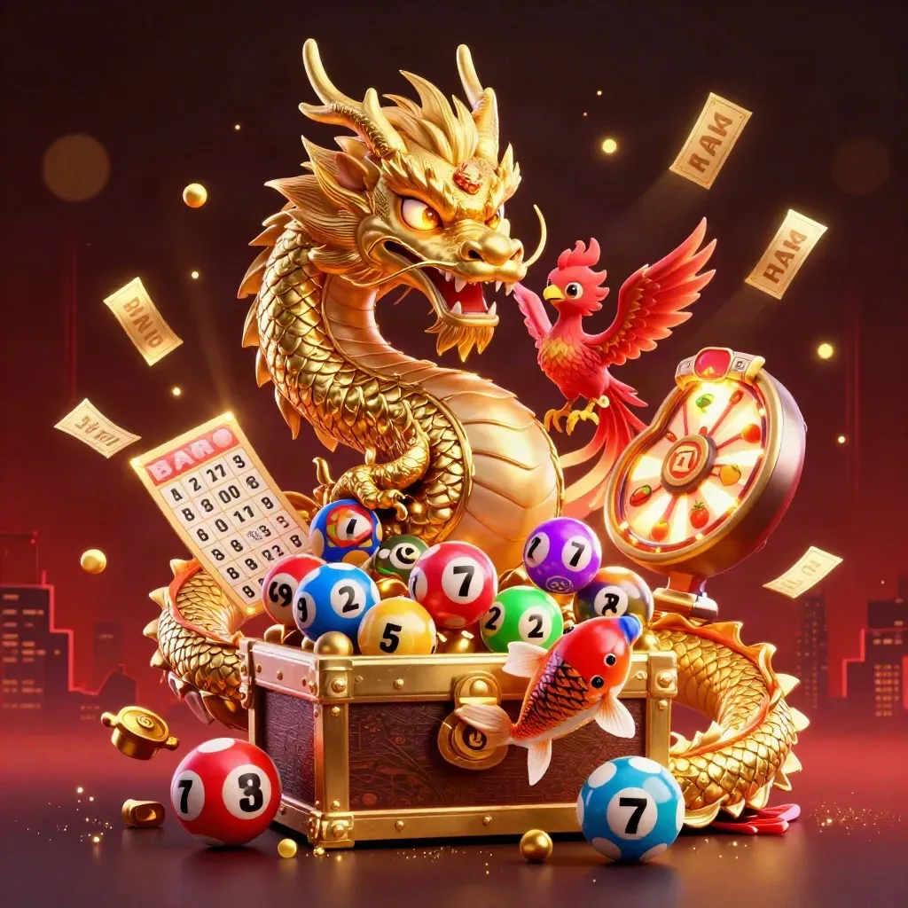 Golden dragon, phoenix and koi amid casino treasures, balls and glowing reels on a dark red backdrop.