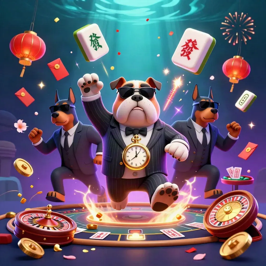 Mafia bulldog and two bodyguards amid casino treasure, lanterns, fireworks, and glowing cards
