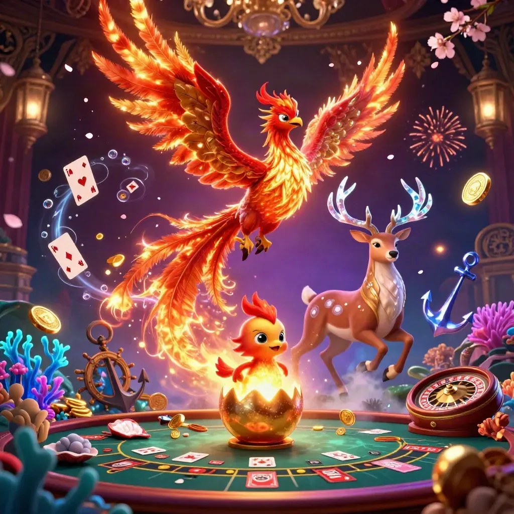 Phoenix, hatchling, and crystal stag amid coins, treasure, casino props, and dark luxe glow.