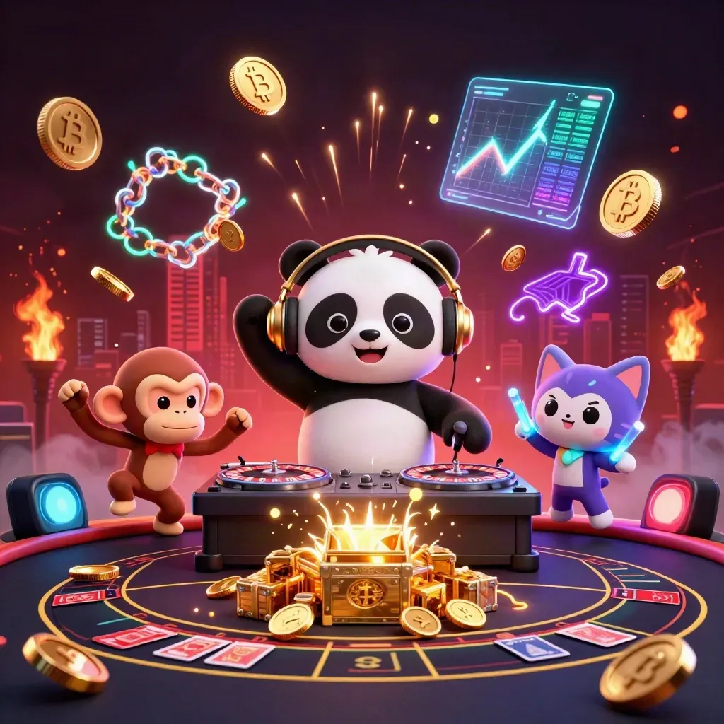 DJ panda, breakdancing monkey and glow-stick kitten amid casino coins, vault energy and neon lightning