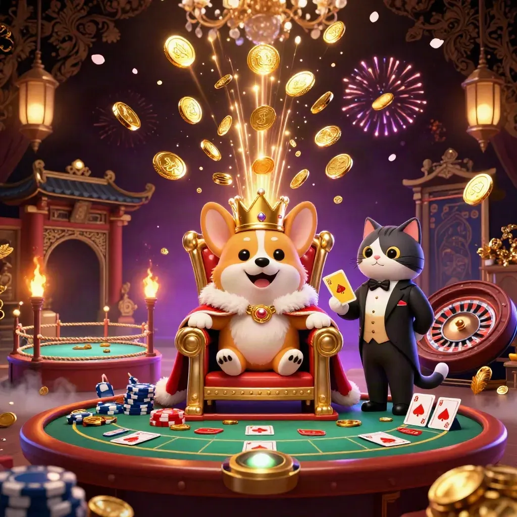 Royal corgi and cat butler amid coins, roulette, temple gate, fireworks, and gold casino glow.