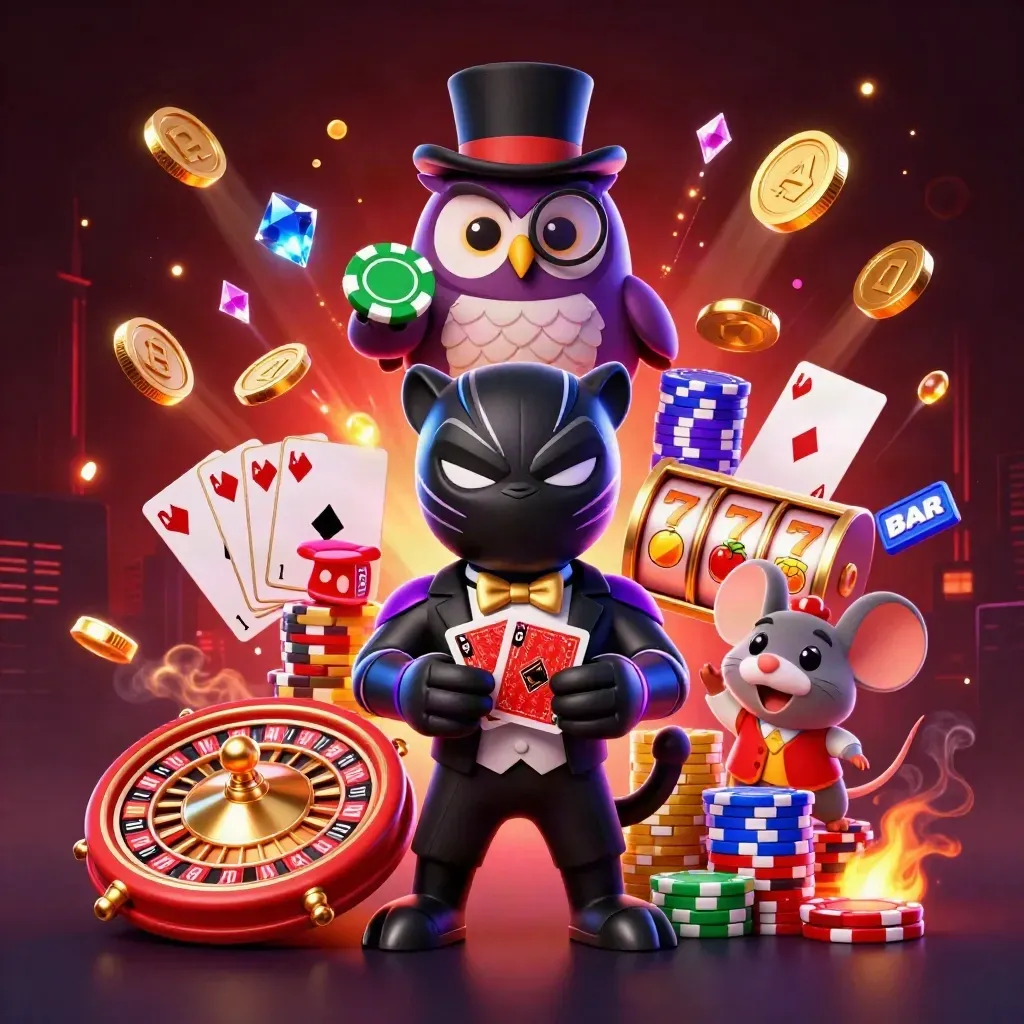 Black panther, owl and mouse amid cards, chips, coins and a spinning roulette wheel