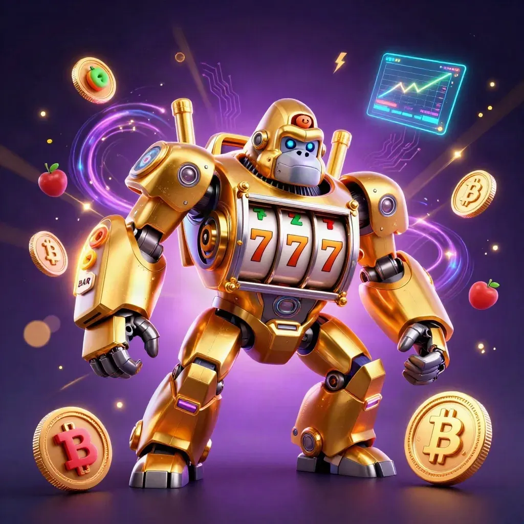 Golden gorilla mech with tiny monkey pilot, neon coins, reels, and casino lightning