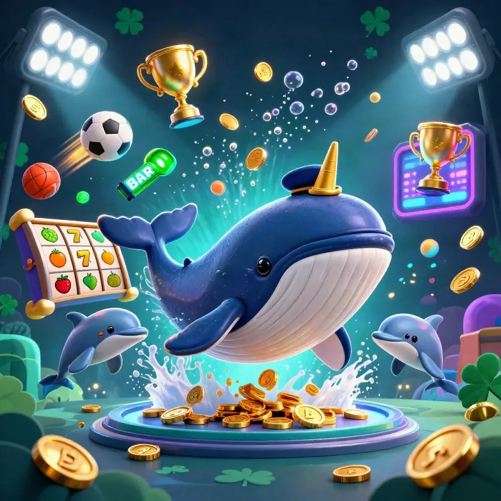 Cartoon whale captain, narwhal, and dolphins bursting through coins with casino and sports game effects.