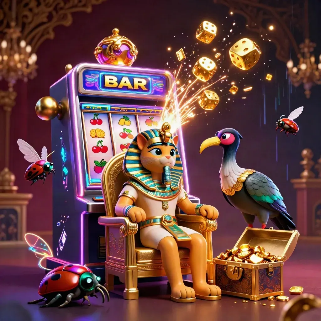 Pharaoh cat, ibis scribe, and gem-winged scarabs amid slot reels, gold, and neon casino glow.