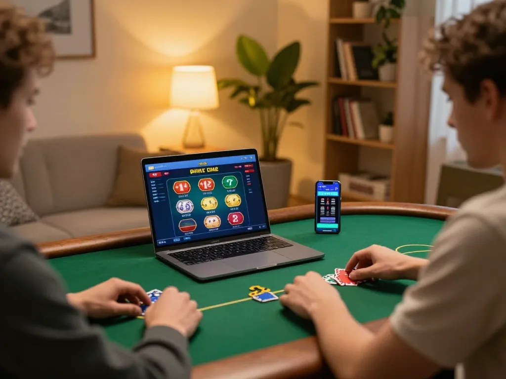 Person playing poker on laptop at home, enjoying strategic gaming with 88xx platform interface.