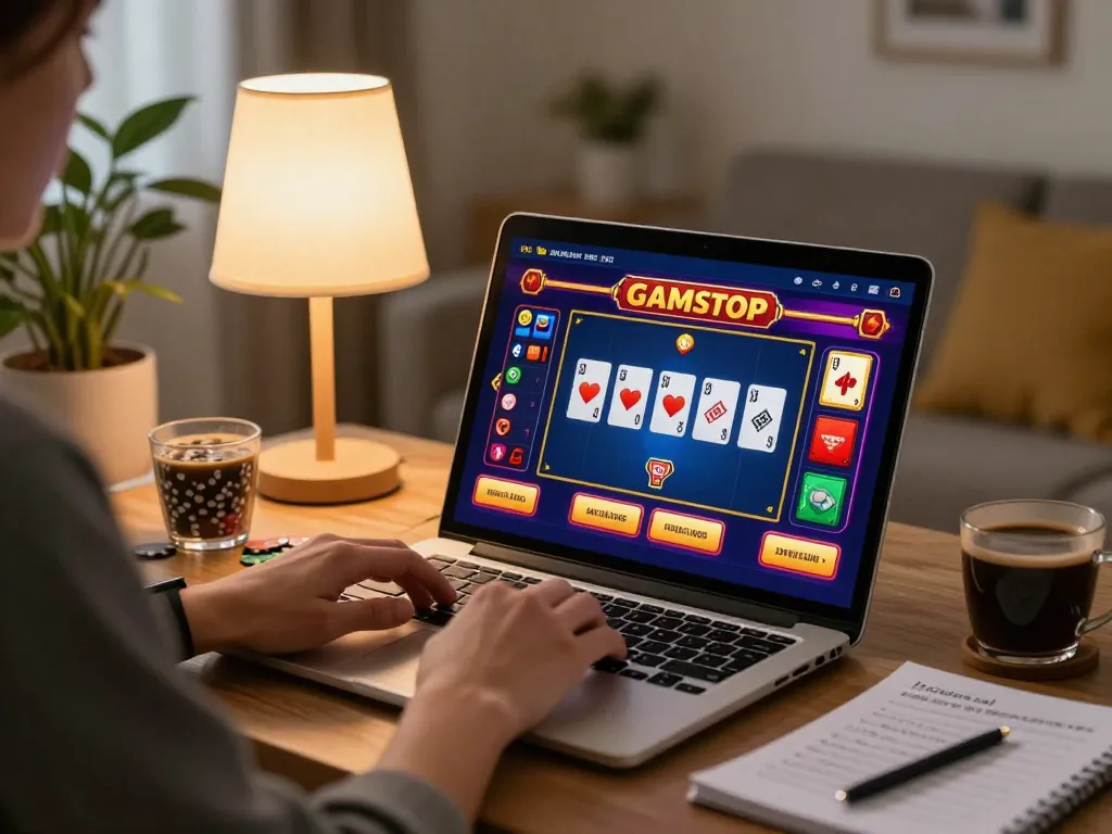 Player enjoying non gamstop casino games on their laptop at home, highlighting strategic engagement.