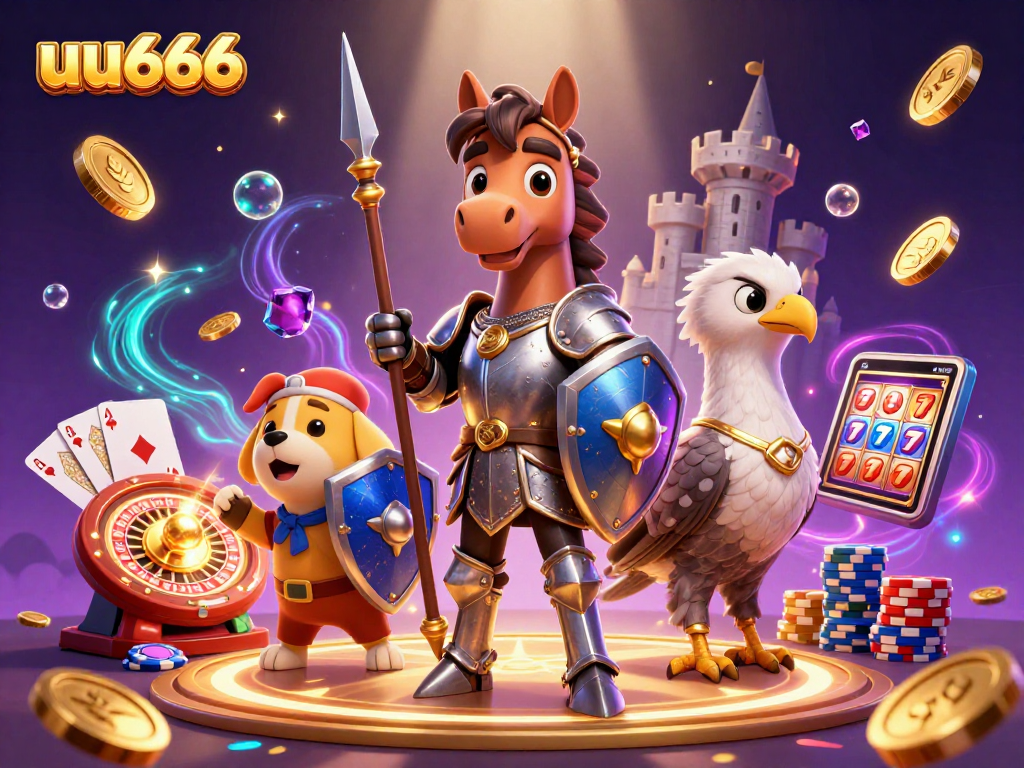 Join the fun at uu666, experience a vibrant casino scene with knights and treasures.