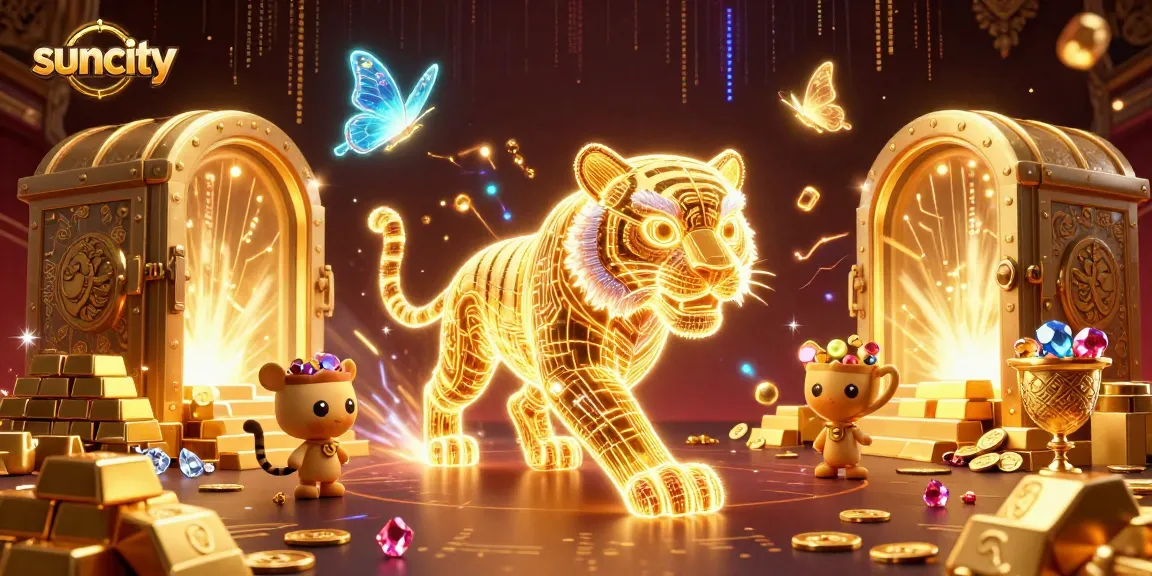 Suncity reveals an enchanting 3D digital casino landscape with a golden tiger and dynamic treasures.