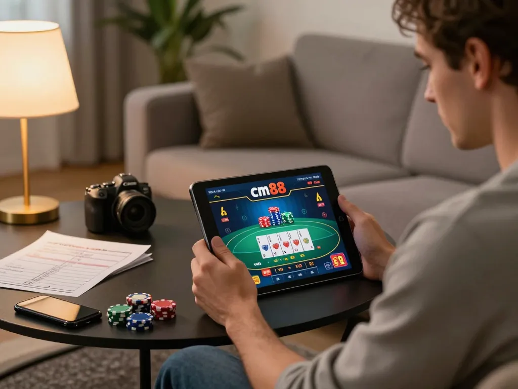 Engaged user playing cm88 poker on tablet in cozy home environment