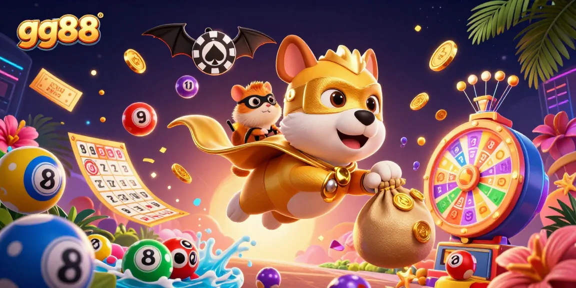 gg88 showcases a vibrant casino fantasy with a flying superhero dog and colorful lottery elements.