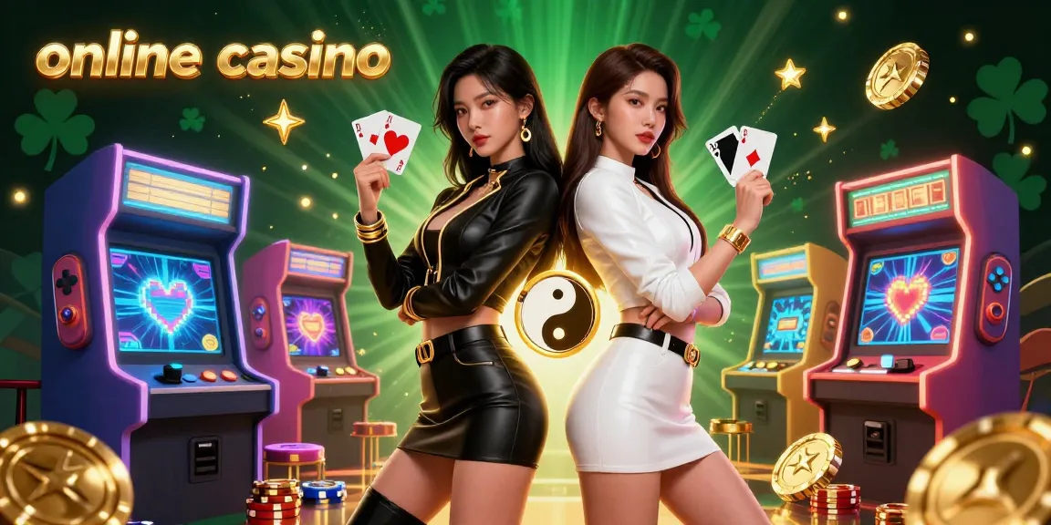 Experience the excitement of an online casino with stunning twin women holding playing cards amidst vibrant gaming elements.