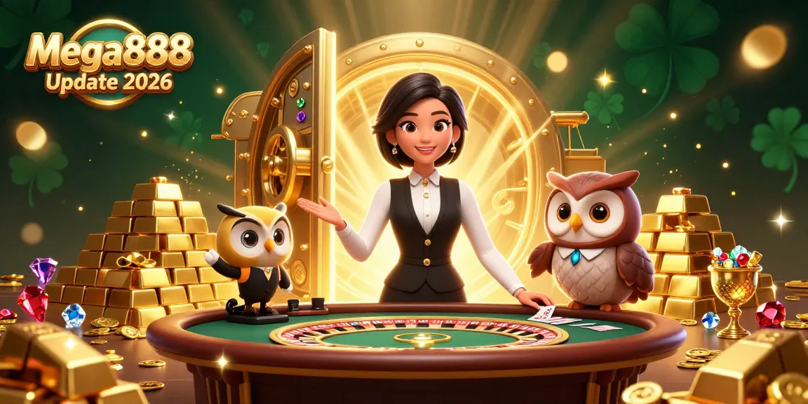 Experience the excitement of Mega888 Update 2026 with a skilled dealer and charming assistant at a luxury gaming table.