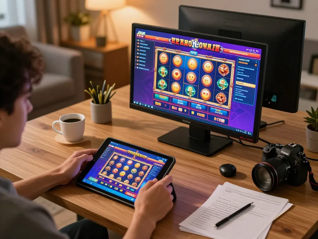 Suasana permainan mobile yang menarik dengan seorang pemain menikmati permainan slot tjroeng di tablet dalam pengaturan yang nyaman.