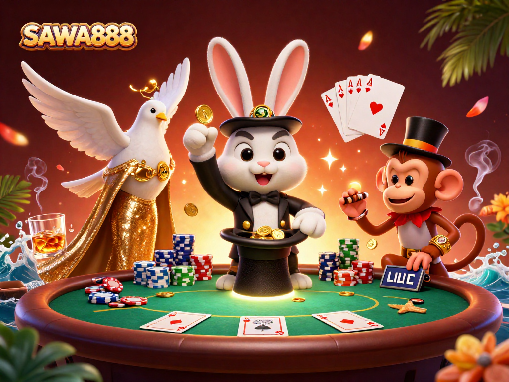 Experience the enchanting magic of SAWA888 with a festive casino scene capturing thrilling poker excitement.