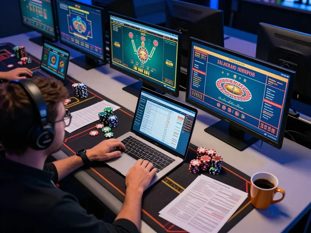 Kuwin player analyzing strategies at a high-tech online gambling workspace, focused on games.