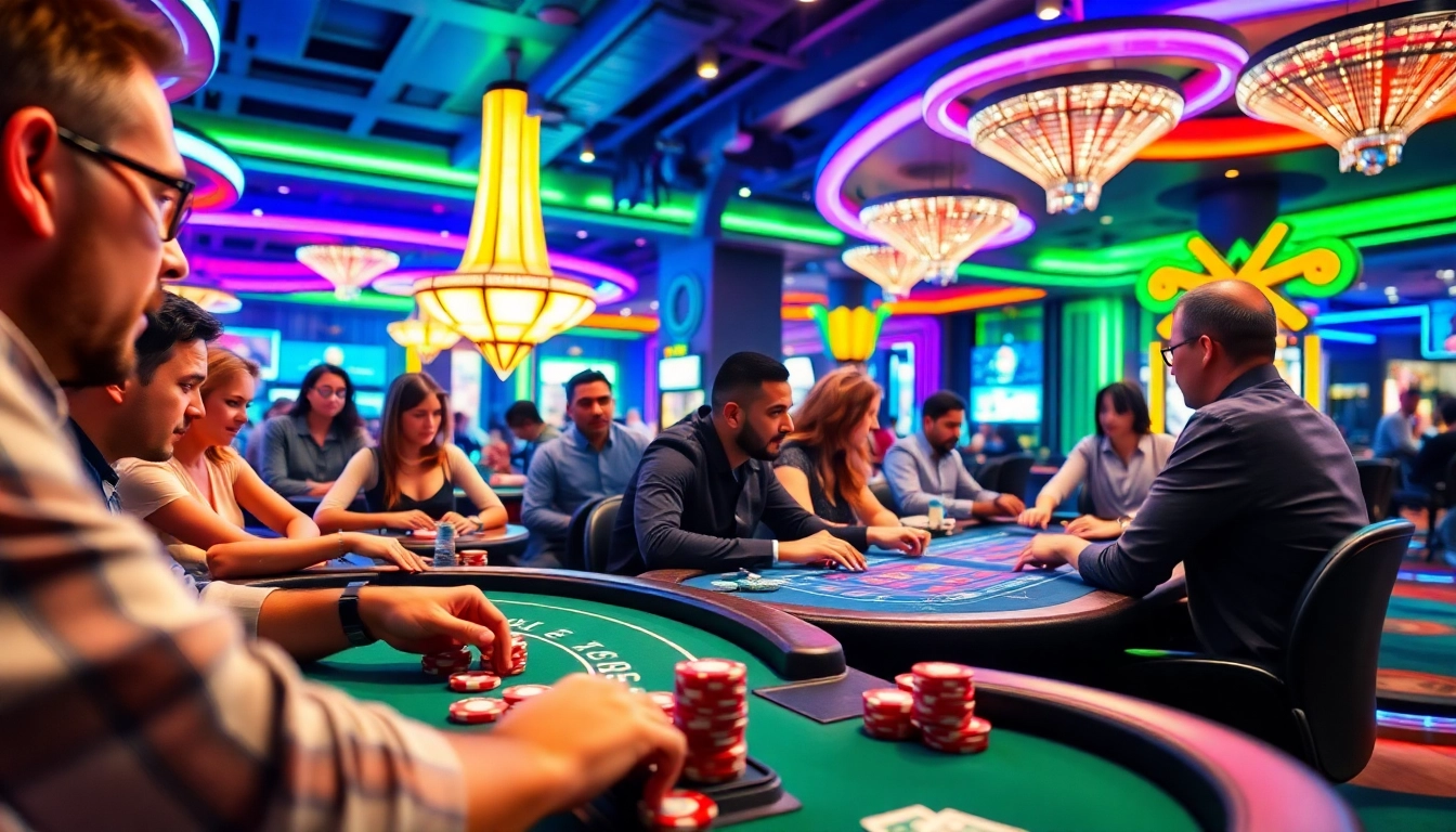 Erlebe spannende casino online spiele in einem lebhaften Casino mit Spielern und neonfarbenen Lichtern.