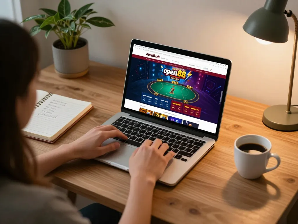 Engaging in online poker at open88 com in a cozy home setting, showcasing gaming graphics and strategy notes.