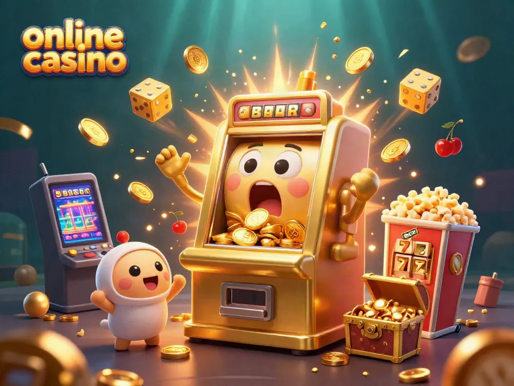 Win big at an online casino as slot machines erupt with coins and jackpot symbols.