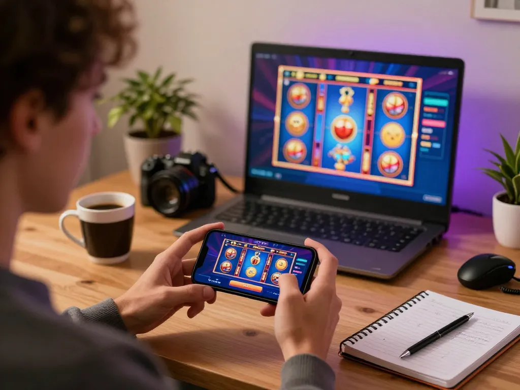 KDTOTO player engaging with online slot machine in a cozy home office setting
