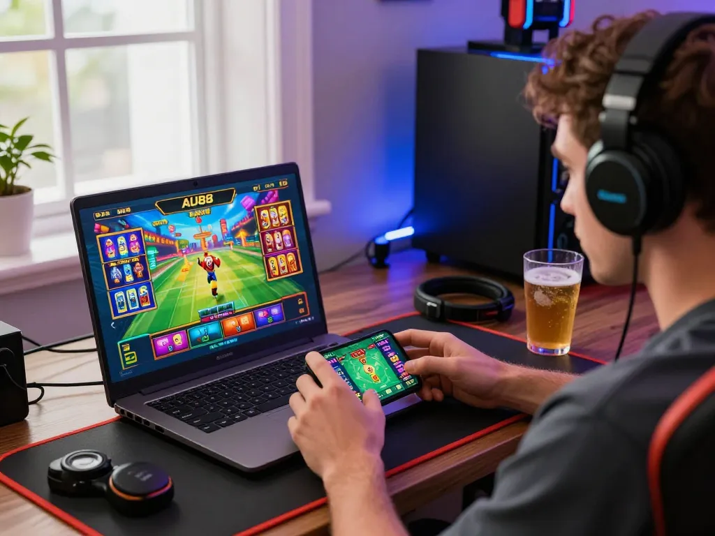 Engaged gamer playing AU88 online casino games with vibrant visuals and modern setup.