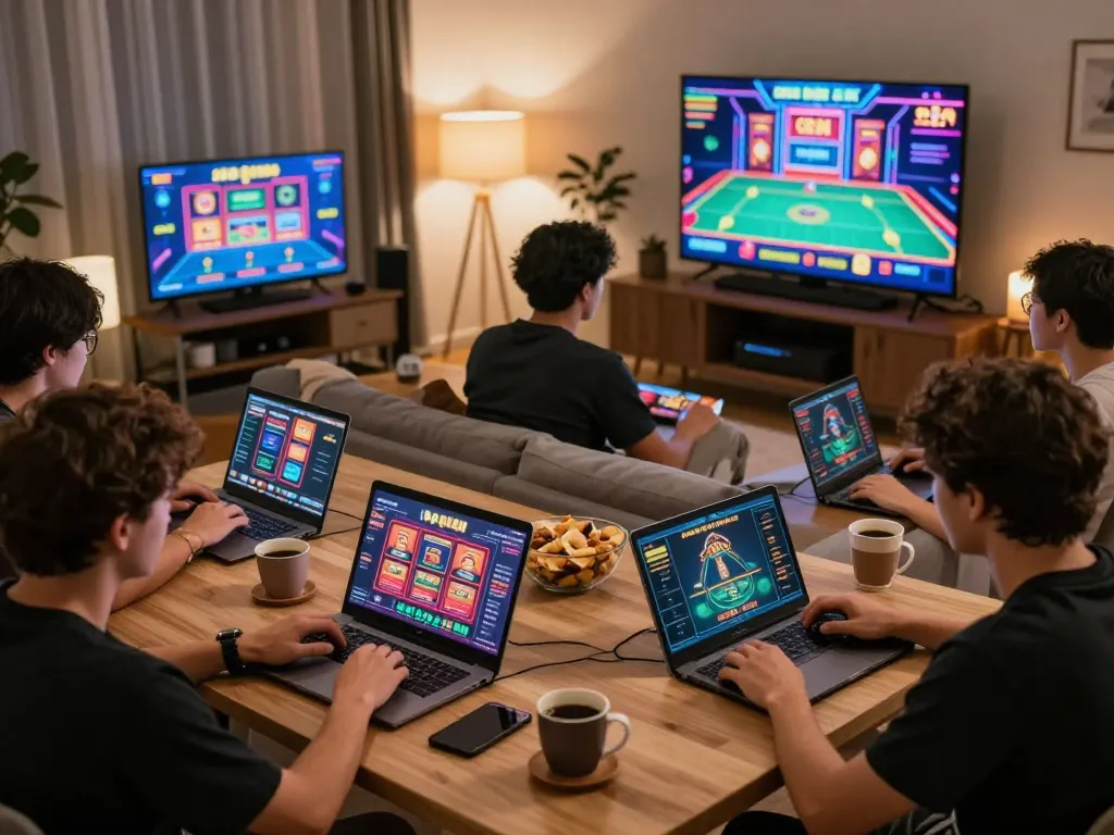 Players navigating dn88's online casino platform in a cozy modern home setting, showcasing live games and snacks.